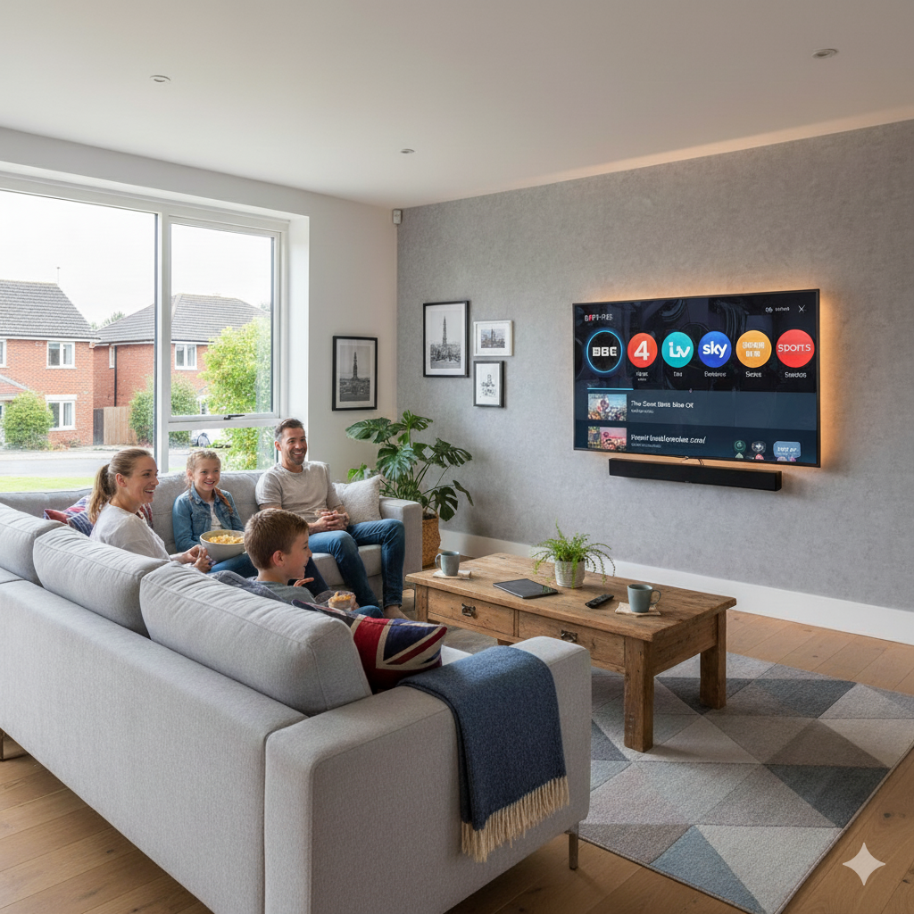 Family watching British IPTV on a Smart TV in a modern UK living room with popular UK channels displayed.